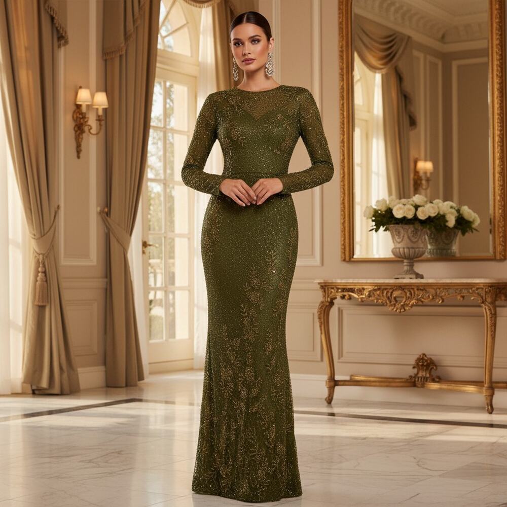 Mac Duggal Gown – Size 12 – Olive Beaded Sheer Sleeve Gown – NWT (Style 5504)